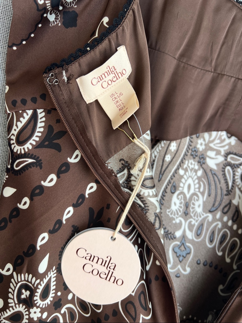 Camila Coelho Revolve Satin Paisley SpaghettiStraps Maxi dress brown white L - Picture 6 of 16